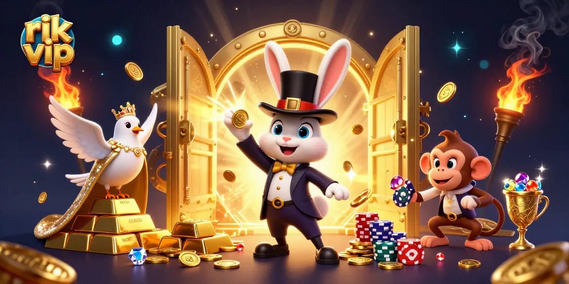 Experience the thrill of rik vip gaming as the magician rabbit unveils golden treasures amidst a vibrant, dynamic casino backdrop.