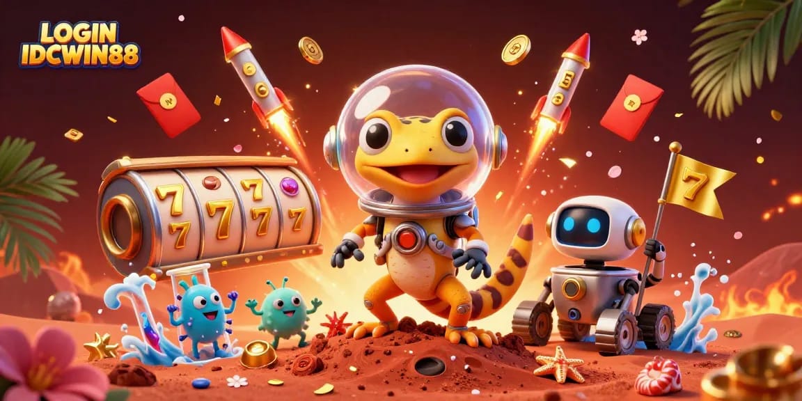 Engage with the vibrant world of LOGIN IDCWIN88 through this 3D casino adventure illustration.