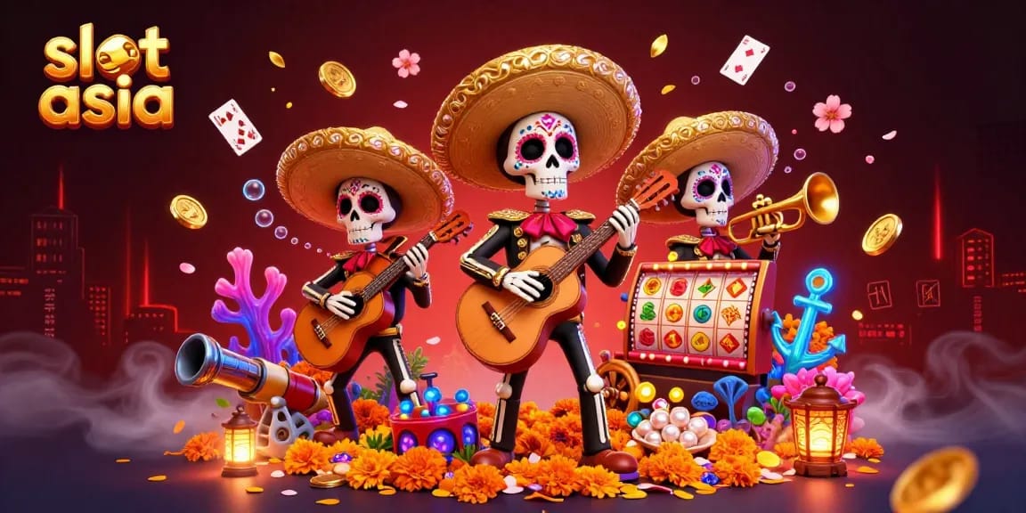 Spin the reels at slot asia with a vibrant skeleton mariachi band amidst a treasure trove!