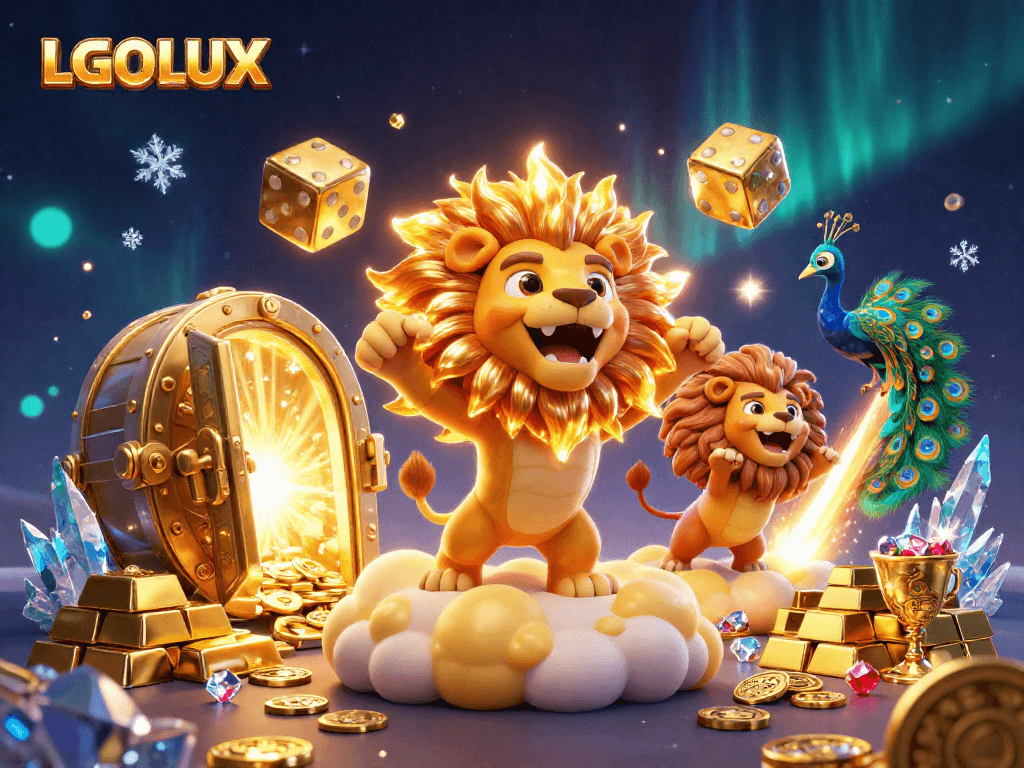 Experience thrilling LGOLUX gaming with vibrant casino elements and joyful characters.