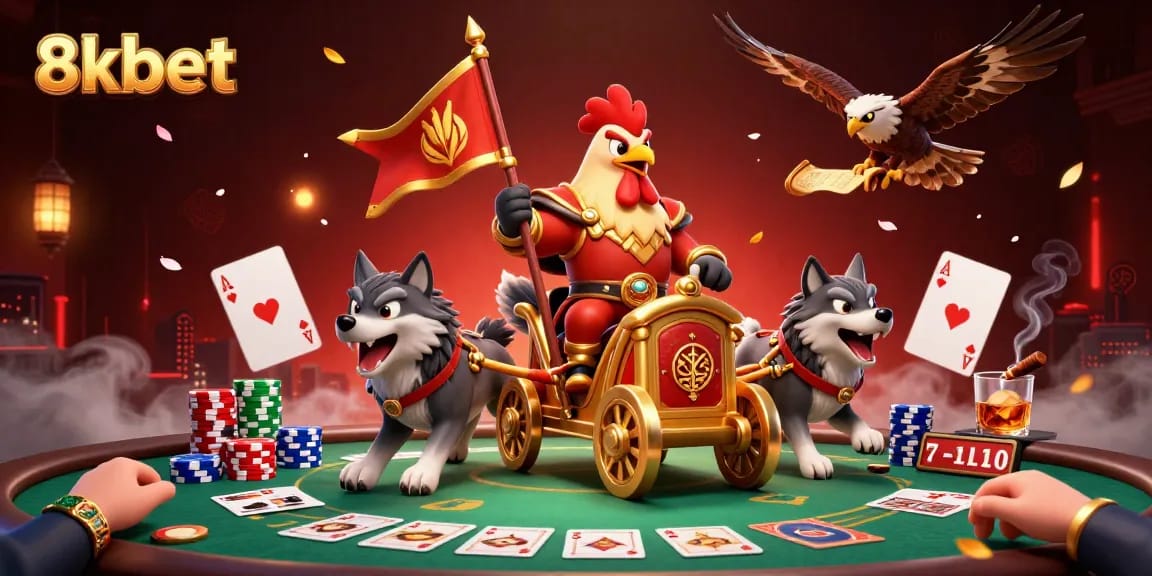Experience thrilling gameplay at 8xbet with a dynamic 3D illustration of a golden war chariot amidst casino excitement.