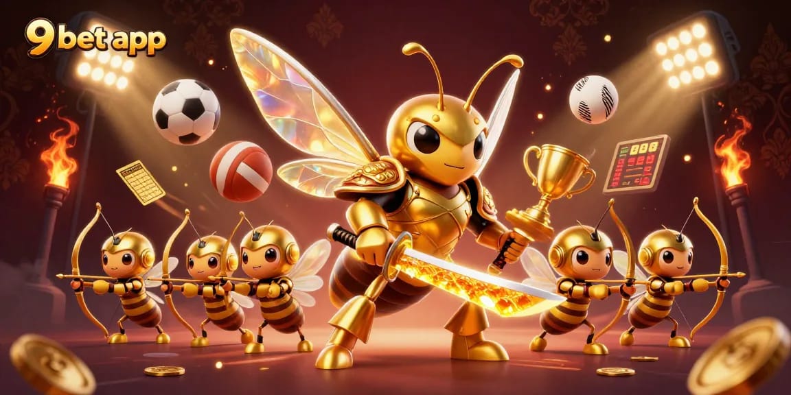 Win big with the 9bet app featuring a striking cartoon hornet and dynamic gaming elements.