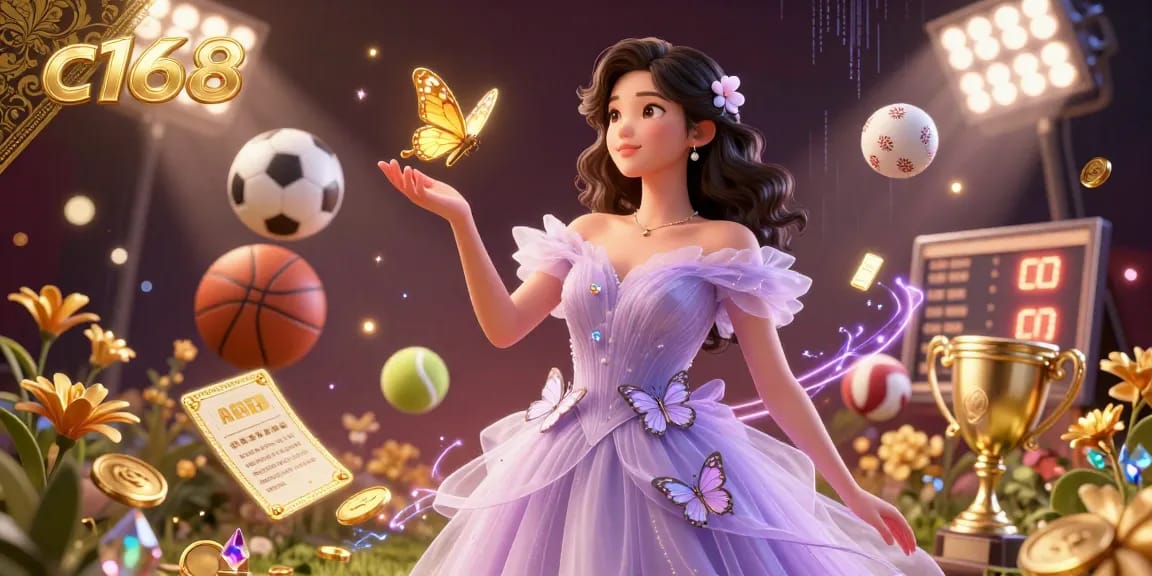 Experience the thrill of c168 with an exciting scene of a stunning Asian woman, golden butterflies, and dynamic sports elements.