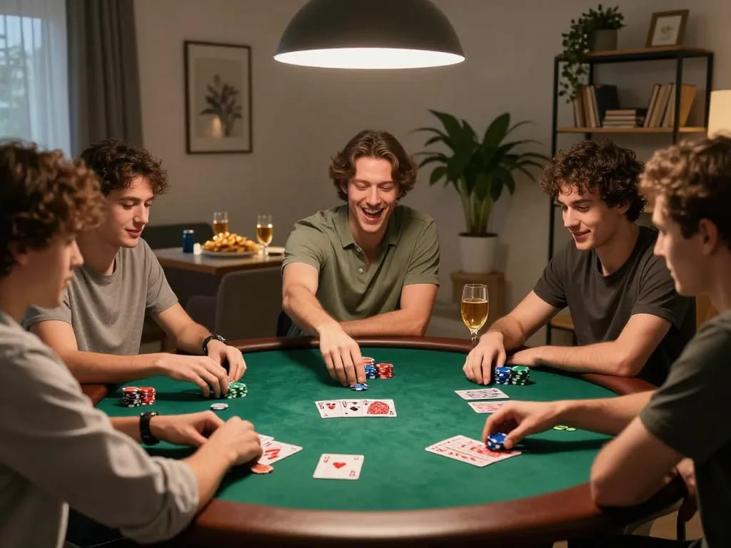 Friends enjoying a poker night at home, cm88betjuara offers a friendly competitive vibe.