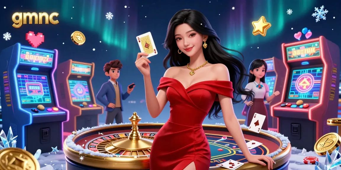 Engage with gmnc's vibrant casino world, a stunning portrait of a confident dealer in an elegant gown.