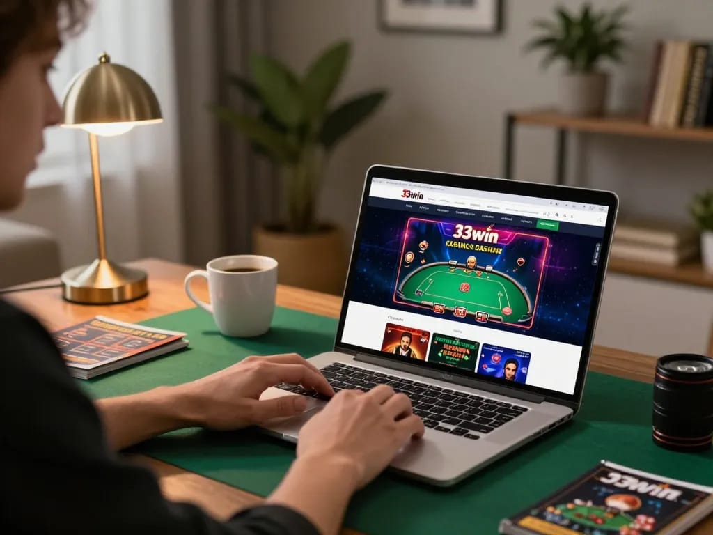 Engaging in 33win online gaming at home, focused on poker strategy while using laptop.
