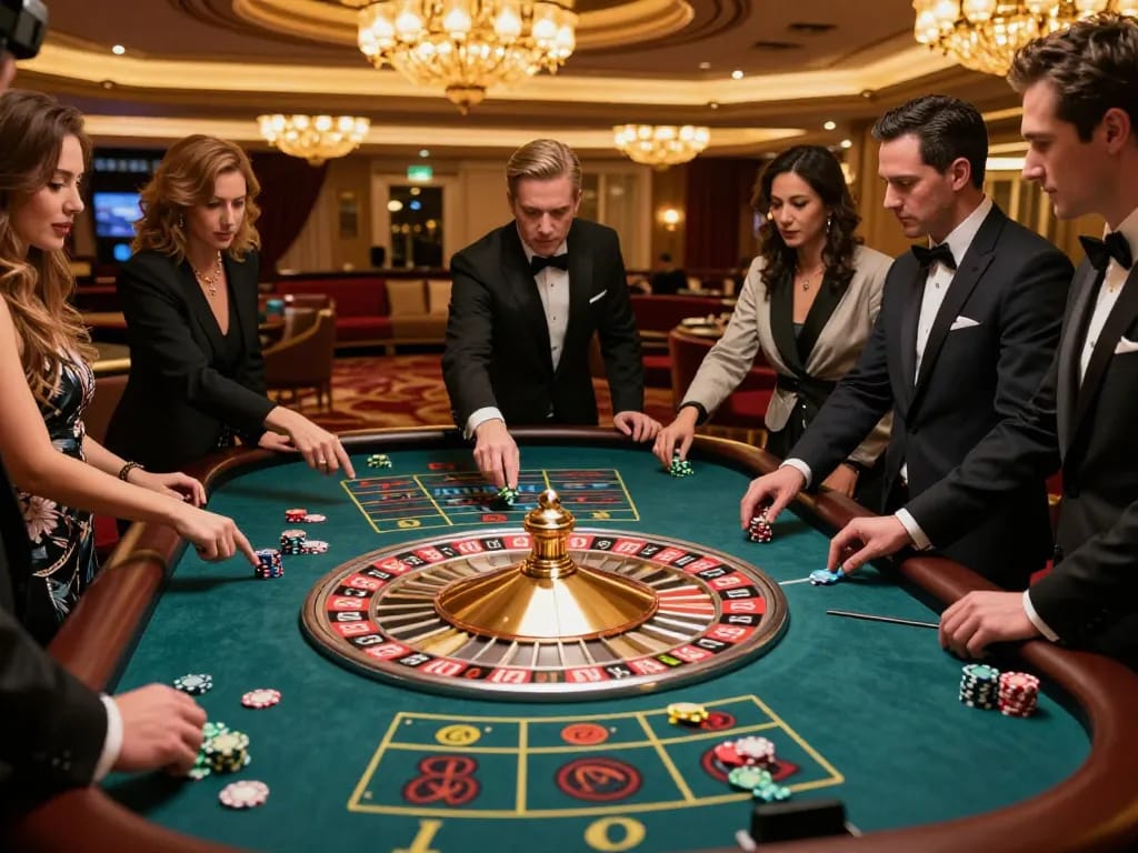 Players watching the roulette wheel spin at a vibrant casino, engaging in j88 excitement.