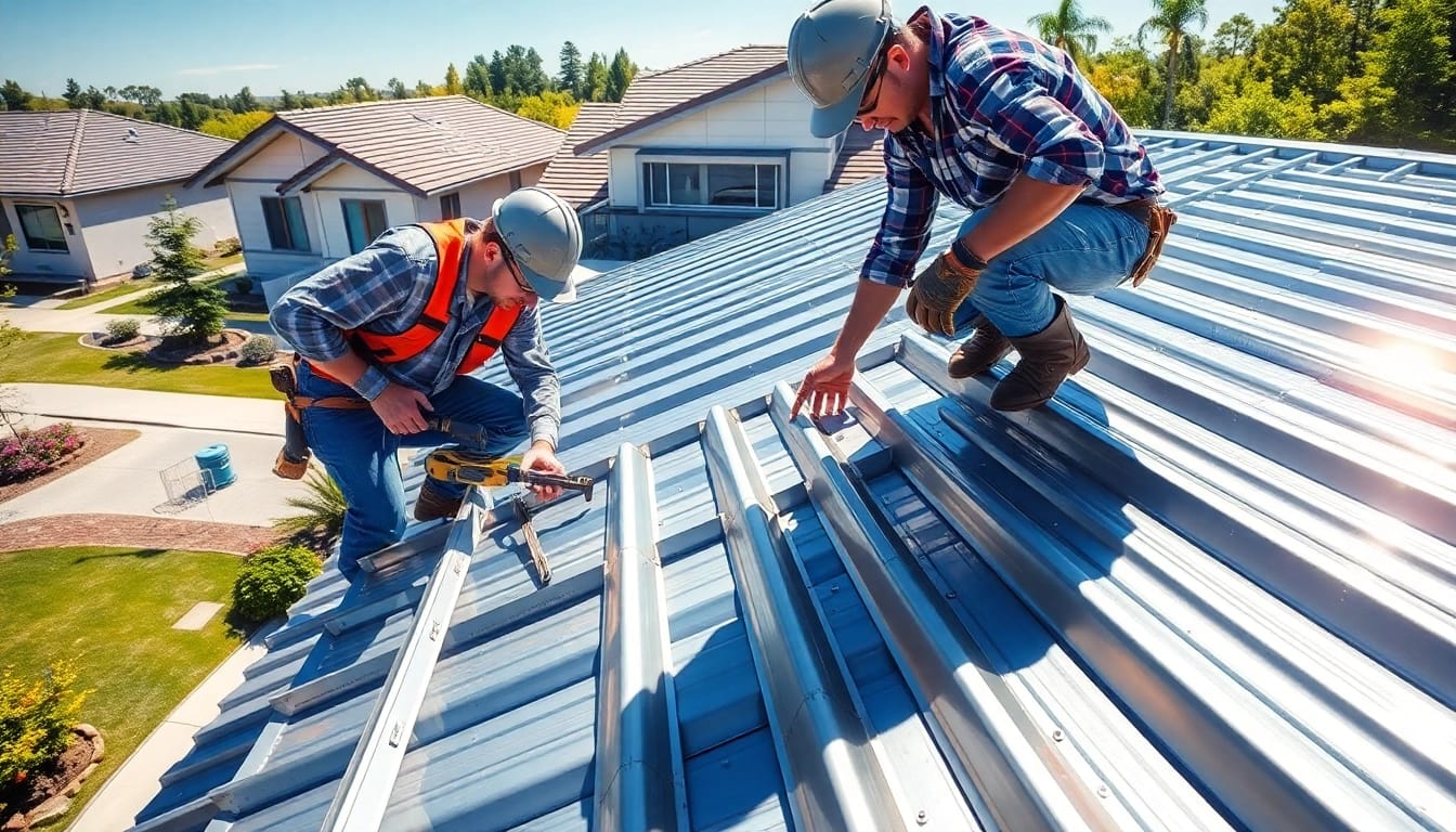 Skilled worker installing metal roofing on a contemporary home showcasing craftsmanship and precision.