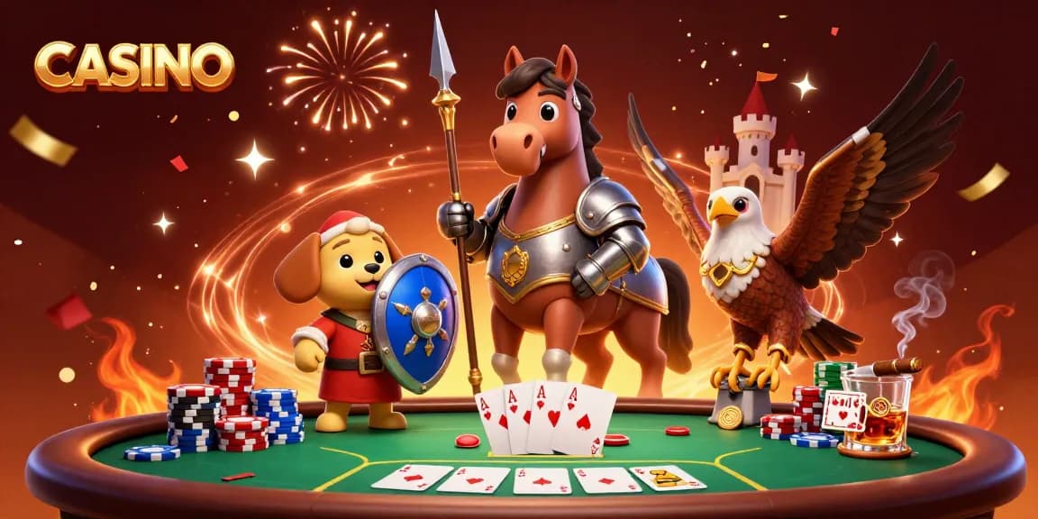 Experience a vibrant CASINO scene with a knight, squire, and falcon amidst poker elements.