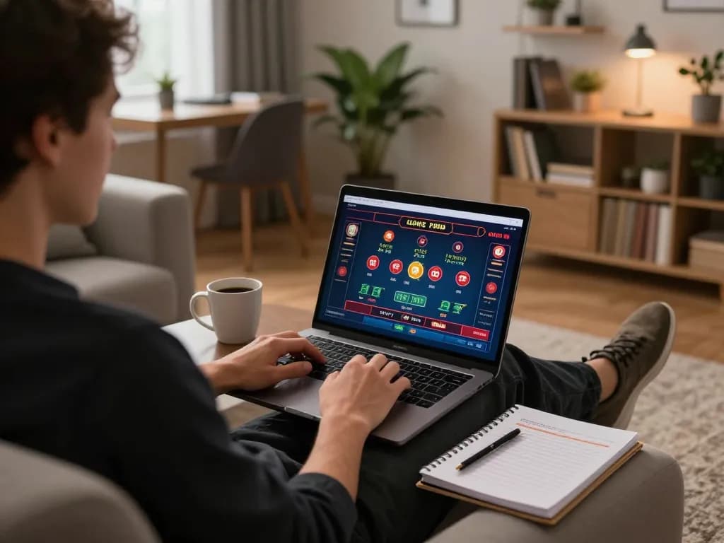 Engaging player using laptop for online gambling at https://ck444s.net/ with a live dealer game displayed, creating a cozy atmosphere.