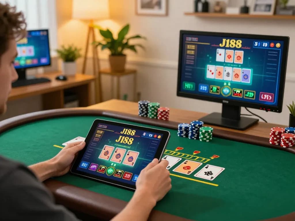 Engage with J188's online blackjack game on a tablet in a cozy home setting.