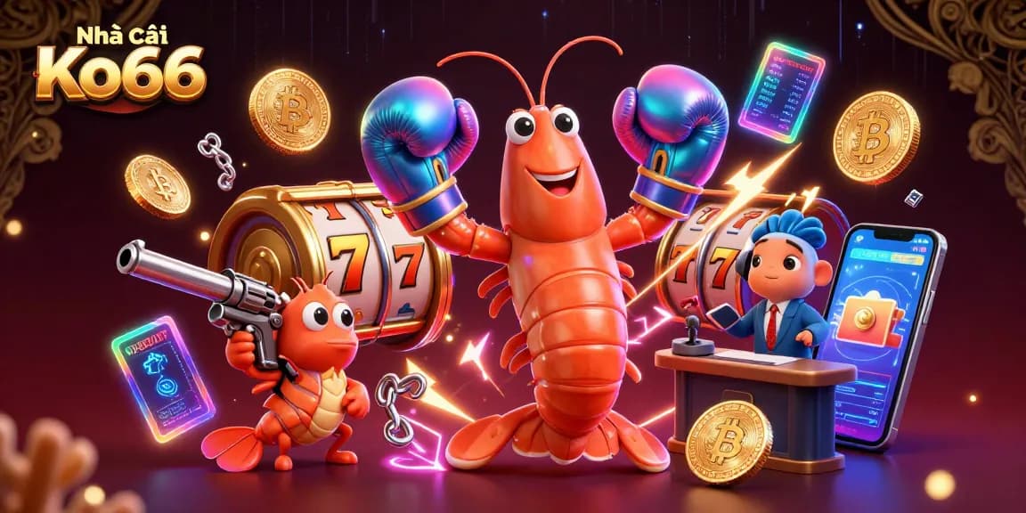 Experience thrilling gameplay at Nhà cái Ko66, featuring vibrant slot reels and crypto elements in 3D style.