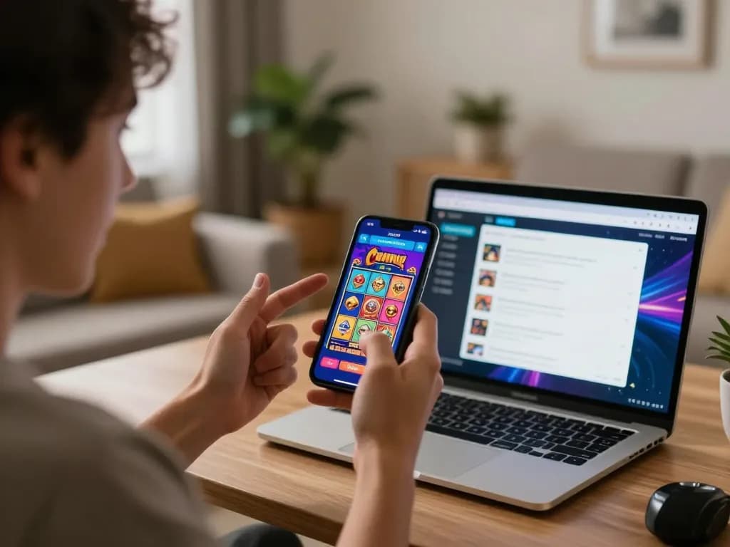 79king player celebrating a win while using mobile casino app in a cozy living room setting