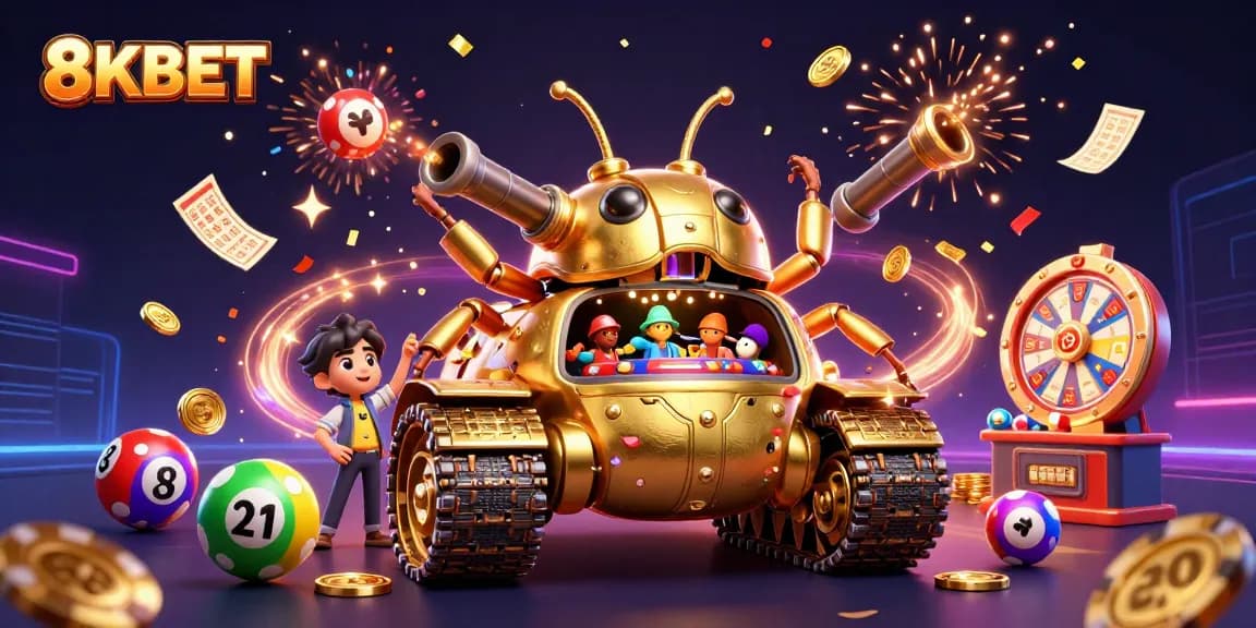 Experience thrilling fun at 8KBET with a vibrant 3D casino illustration showcasing excitement and gaming.