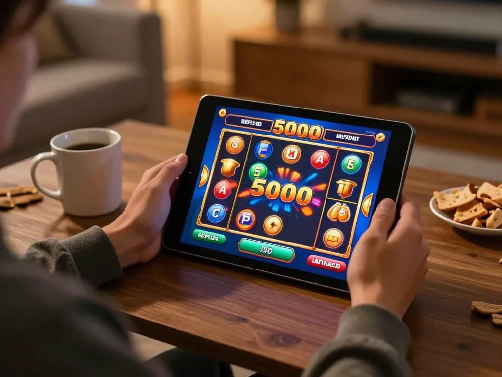 Engaging with slot deposit 5000 gameplay on a tablet in a cozy home setting.