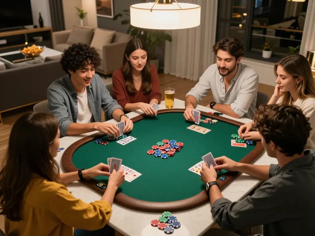 Friends enjoying an exciting poker game at home, showcasing a lively atmosphere with MM88 excitement