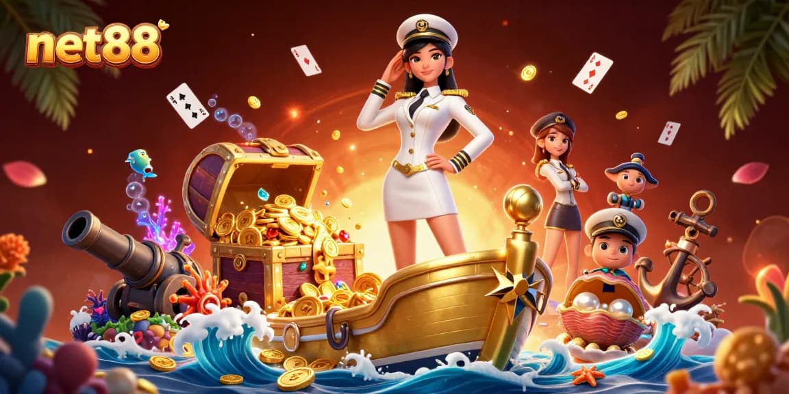 Join the excitement at net88 with vibrant 3D illustration showcasing gameplay action and gold treasures.