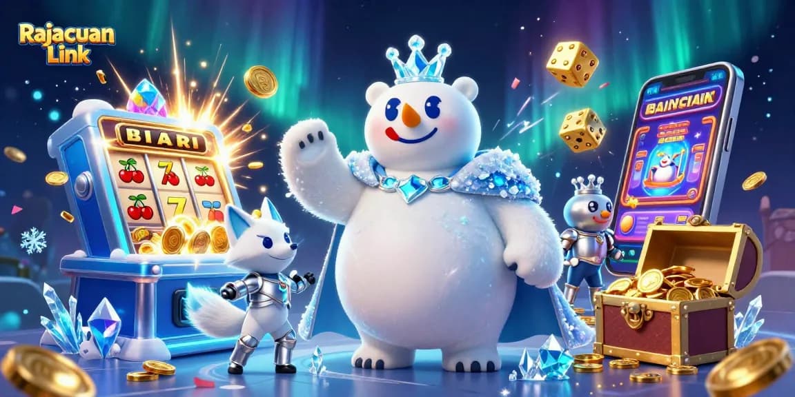 Bermain di Rajacuan Link dengan simbol jackpot dan peti harta karun berlimpah di latar belakang yang menarik.