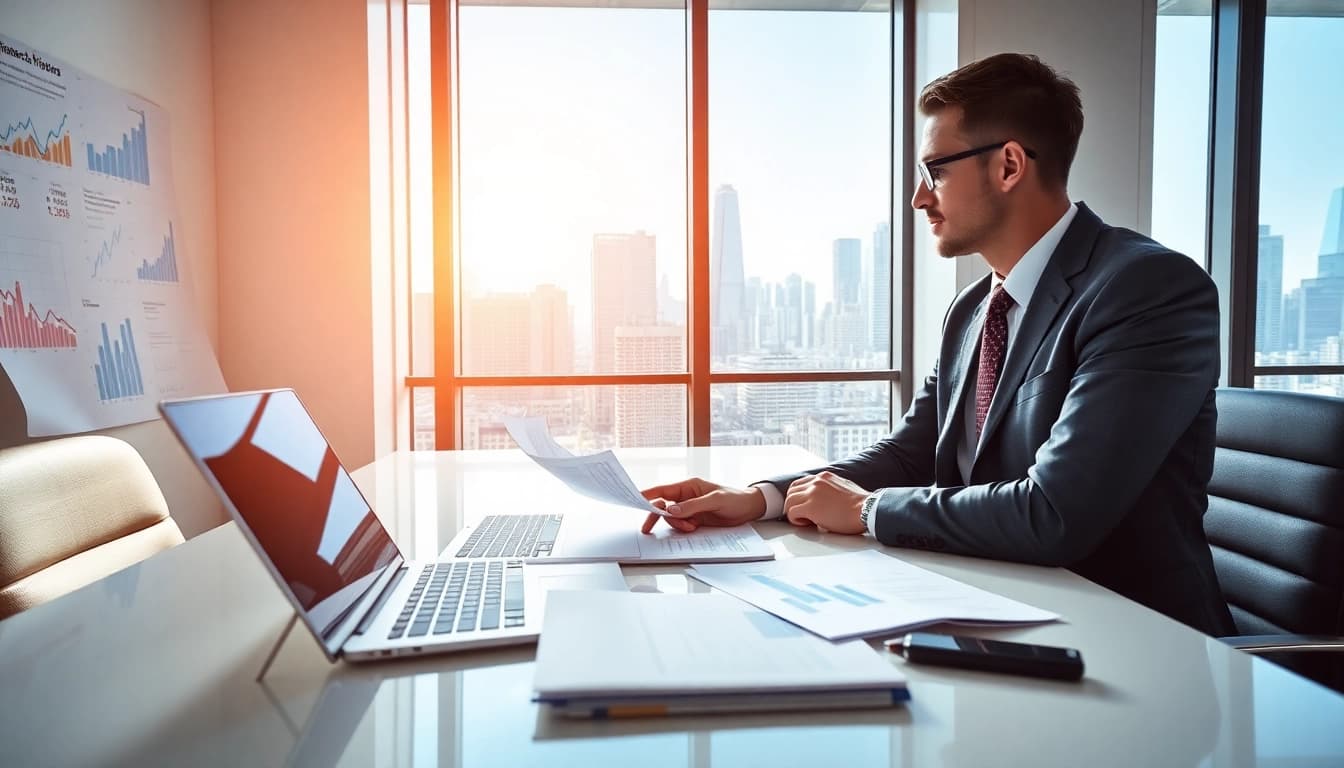M&A 시장을 분석하는 재무 전문가가 사무실에서 데이터 차트를 점검하고 있습니다.