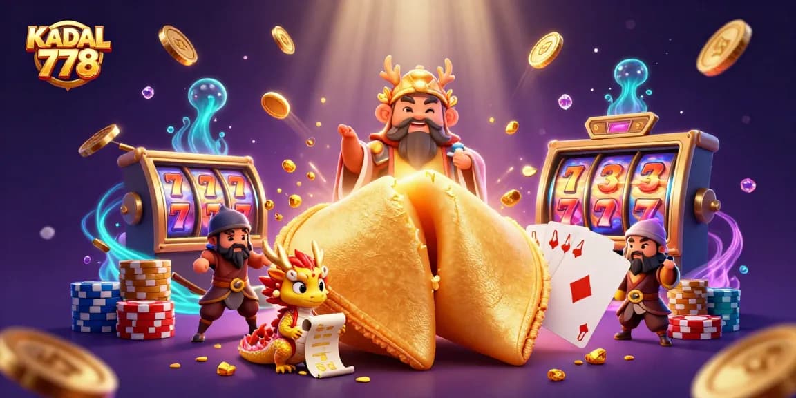 KADAL 778 showcases a vibrant casino scene with golden fortune cookie characters and slot machines.