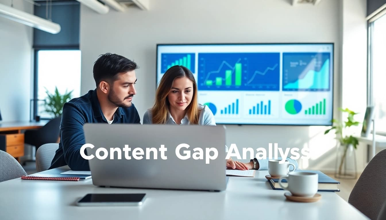 Marketing team performing Content Gap Analysis in a modern, bright office.