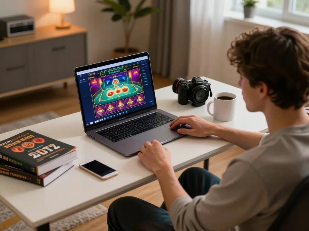 A person engaging in online casino gaming at nhà cái uy tín nhất hiện nay, focused on their laptop while enjoying a cozy atmosphere.