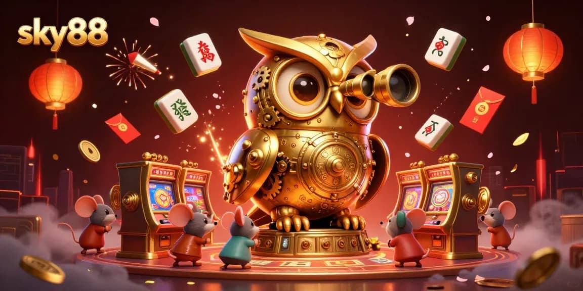 Watch the exciting sky88 casino scene with an owl and mice at play among vibrant gaming elements.