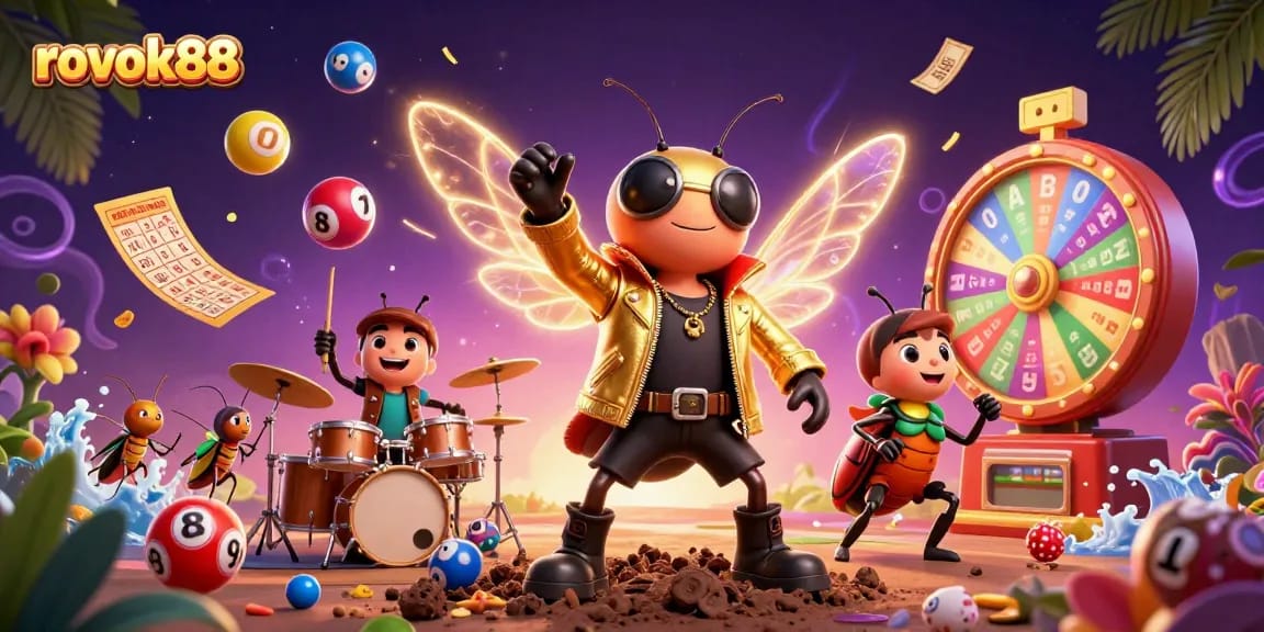 Engage in the excitement with rokok88 as a cicada rock star and beetle drummer lead a vibrant gambling celebration.