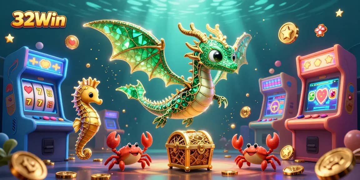 Engage with thrilling gameplay at 32Win with vibrant 3D casino adventure featuring slot machines, treasure, and unique sea characters.