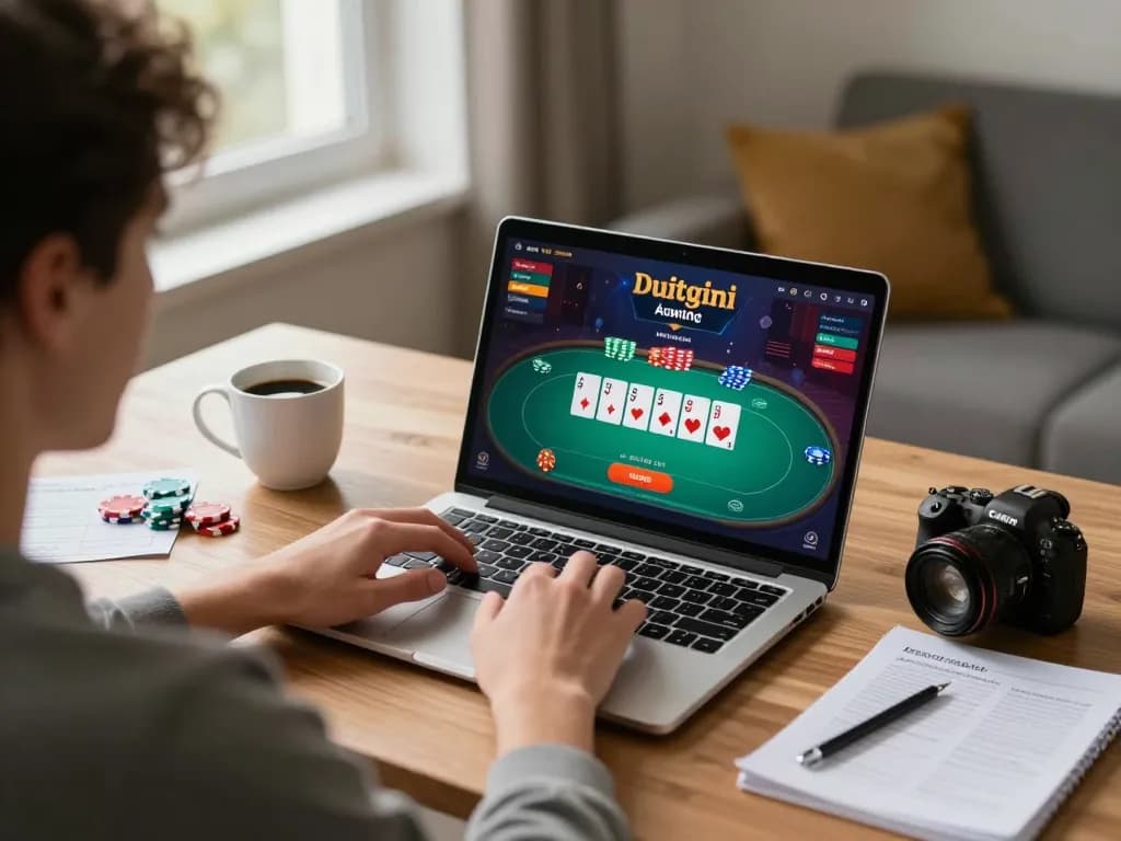Person strategizing in an online poker game using the Duitgini platform, enjoying a cozy home setup.