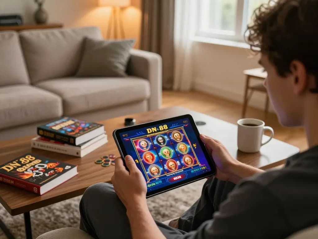 Player engaging with DN 88 online casino app on tablet in a cozy home setting.