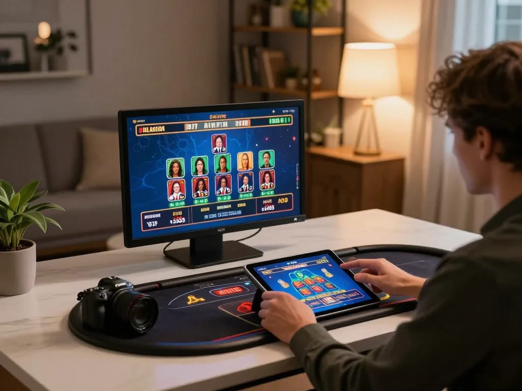 Engaging in online casino gaming with tr88it on a tablet in a cozy home setting