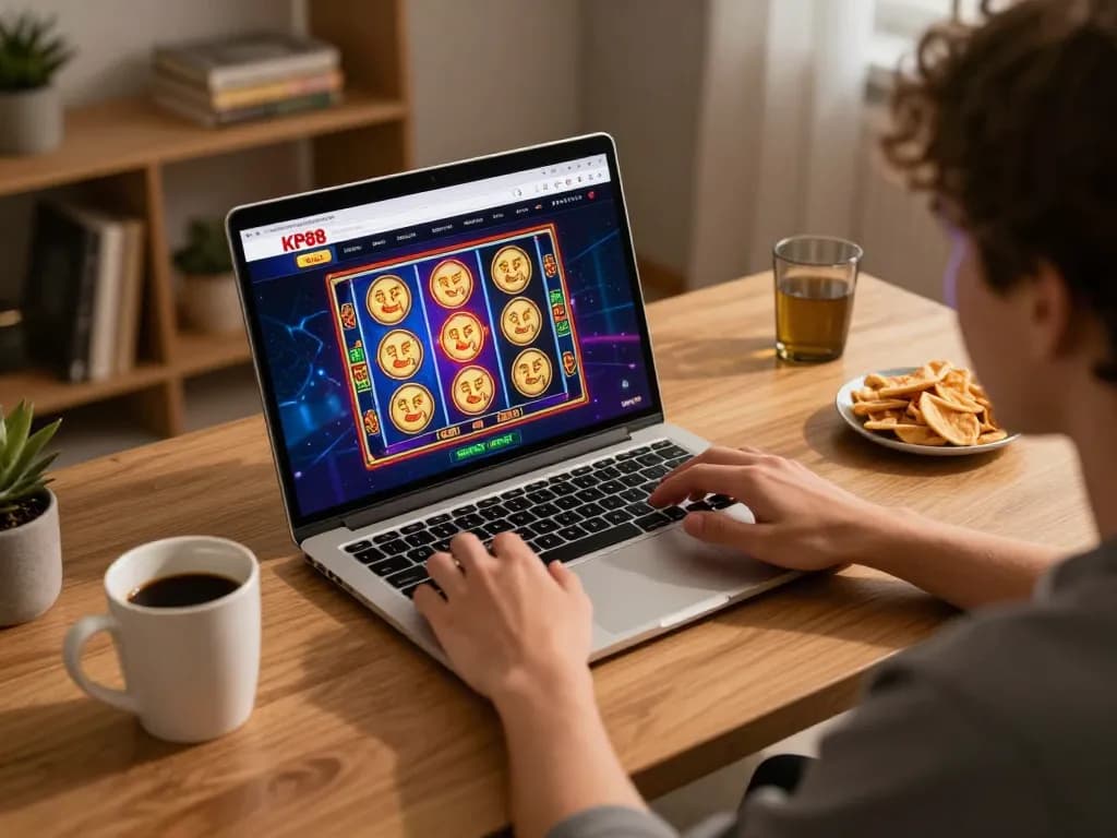 Player enjoying online gaming on KP88 slot game interface in a cozy home setup.