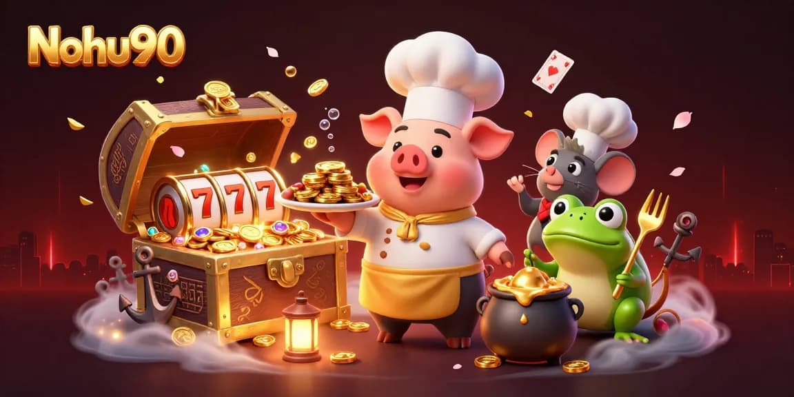 Experience Nohu90 with a vibrant illustration featuring a chef pig, sous-chef mouse, and food critic frog amidst casino treasures and slots.
