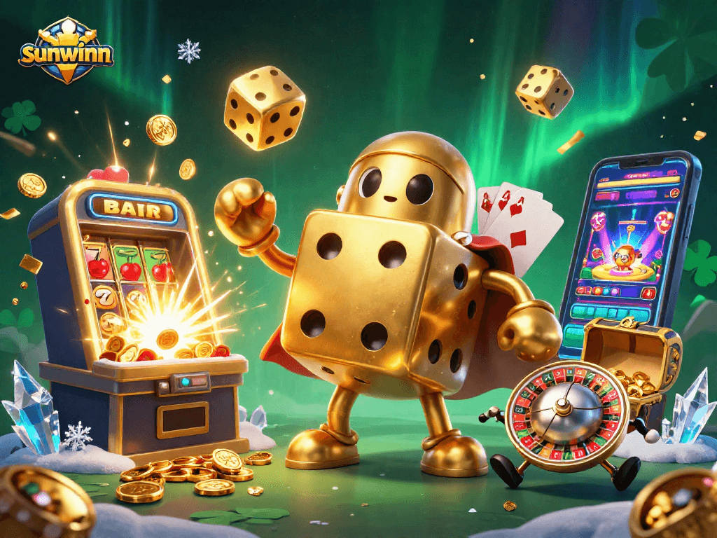 Chơi game trên sunwinn với biểu tượng xúc sắc vàng và máy đánh bạc chớp nhoáng.