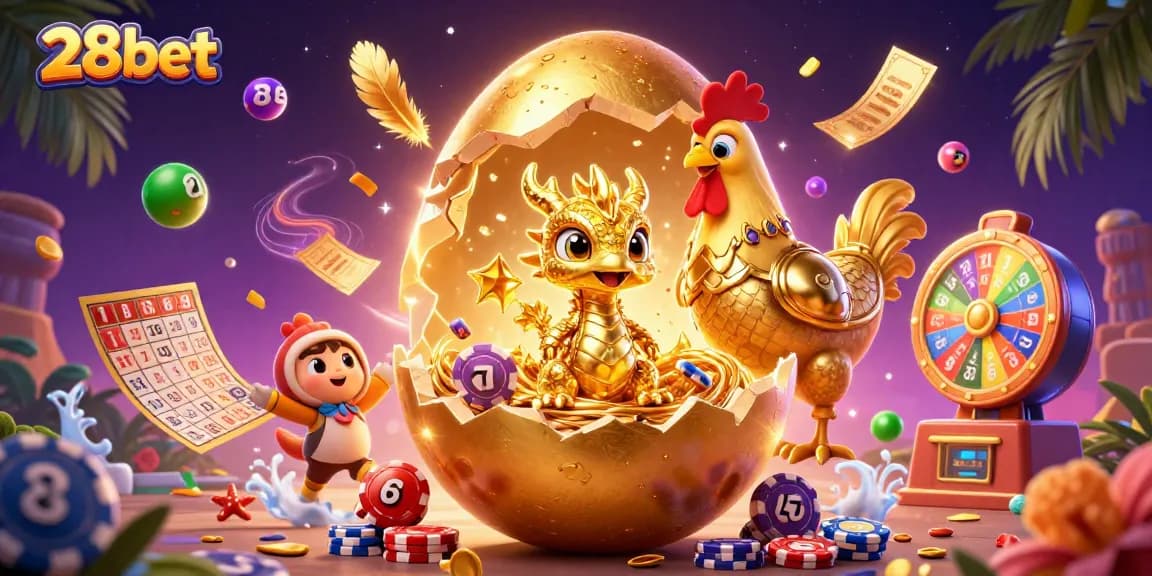 Engage with 28bet's vibrant casino offerings featuring dynamic lottery balls and a golden baby dragon.