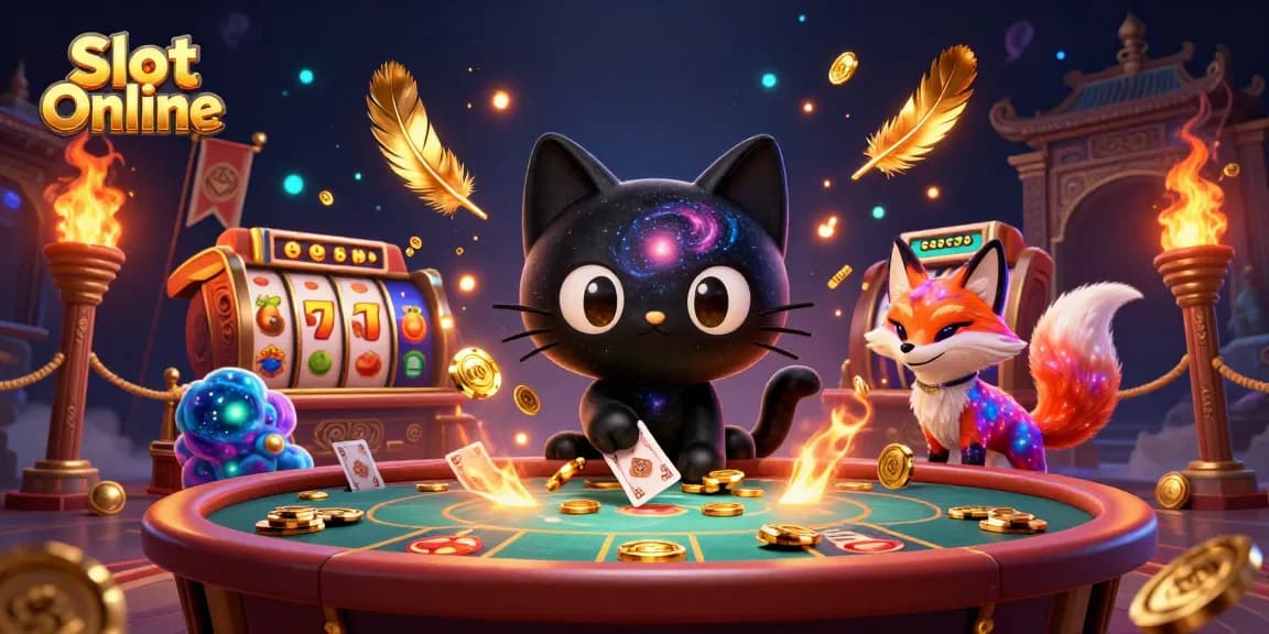 Engage in thrilling Slot Online gameplay with a cosmic black hole cat and colorful nebula fox, surrounded by exciting casino elements.