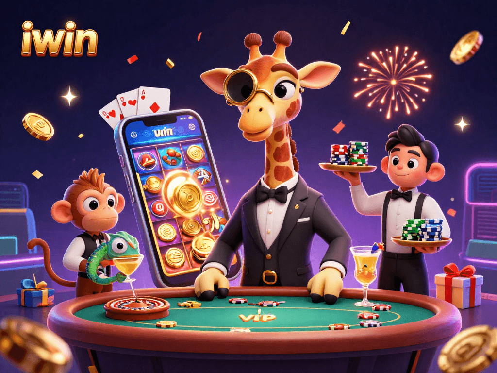 iwin high-roller giraffe celebrates at poker table, surrounded by vivid casino action