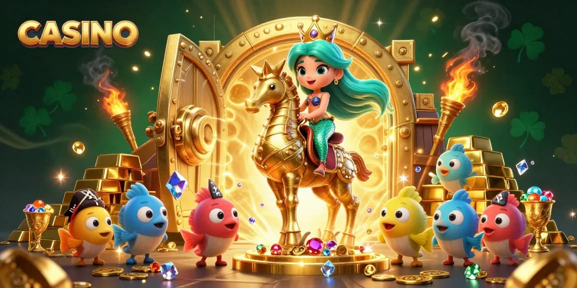 Engage in the vibrant CASINO adventure with a mermaid princess and treasure galore in a dynamic 3D scene.