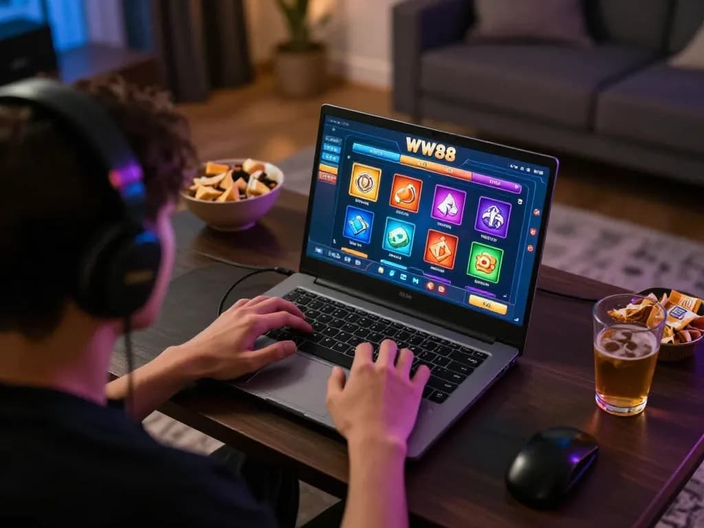 Engaged gamer exploring WW88's online casino from a cozy home setup, showcasing interactive gameplay.