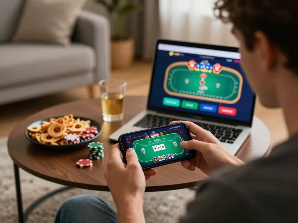 FLY88 player engaged in a live poker game on a smartphone in a cozy home setup, emphasizing strategic gameplay.