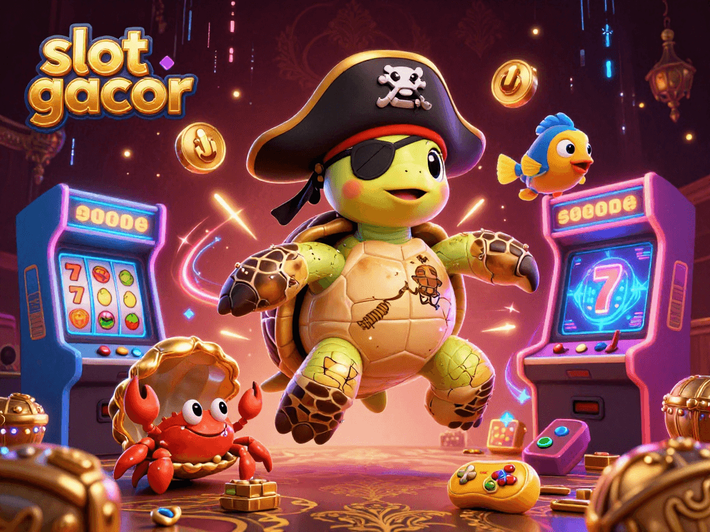 Engage with slot gacor gameplay featuring a pirate turtle and treasure in a vibrant casino scene.