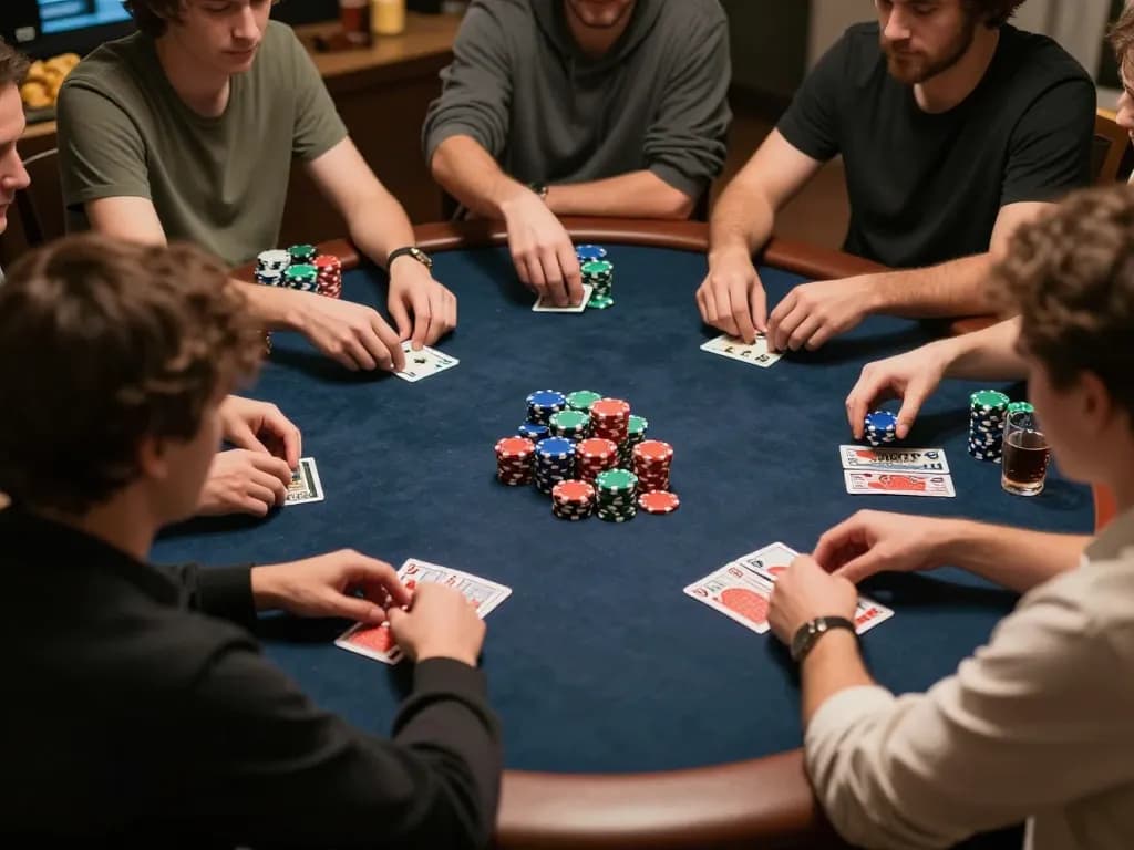 Engaged friends playing poker at home, showcasing strategic gameplay on kp88220 platform