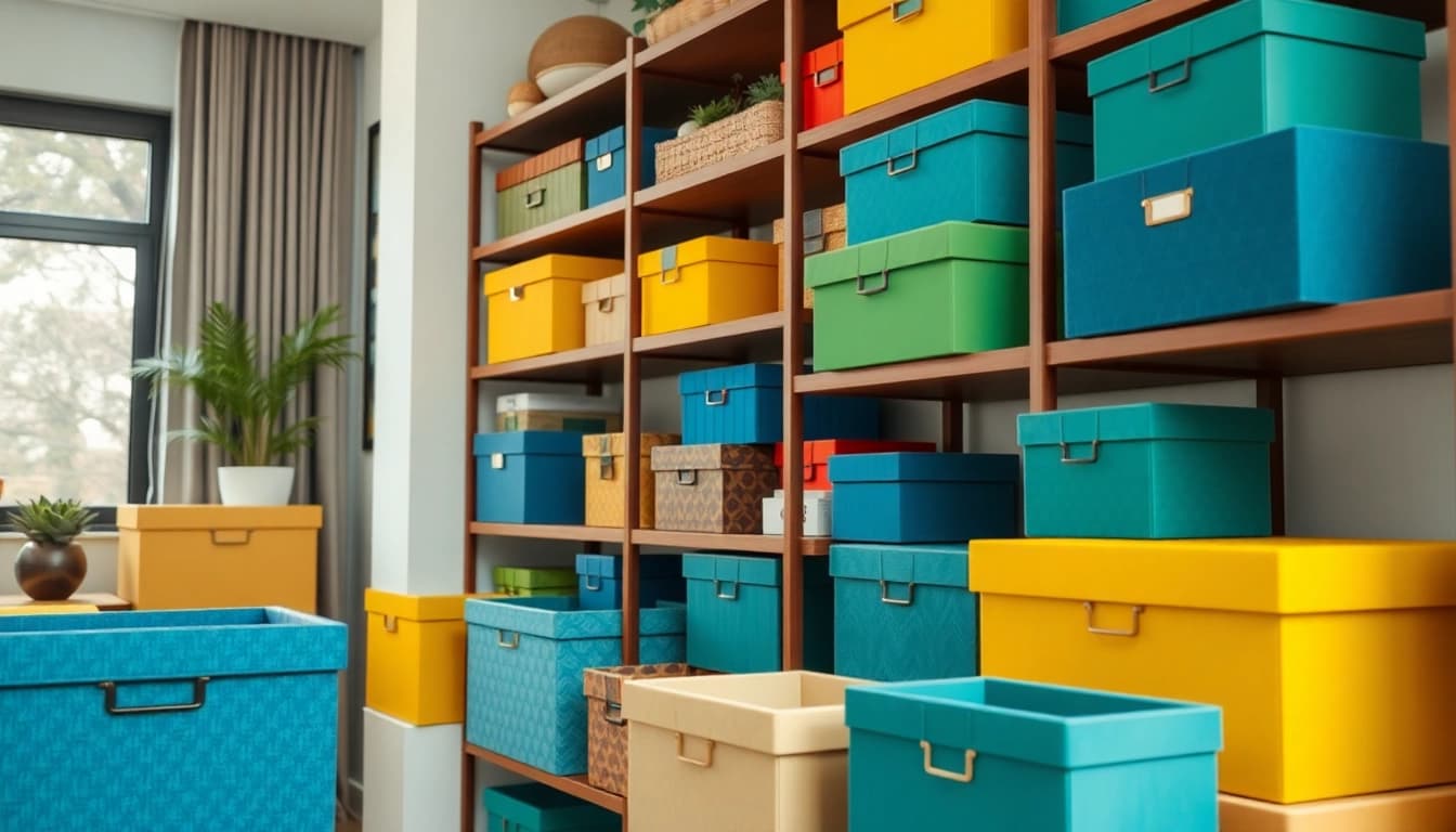 Organized and colorful storage box display in a modern home setting.