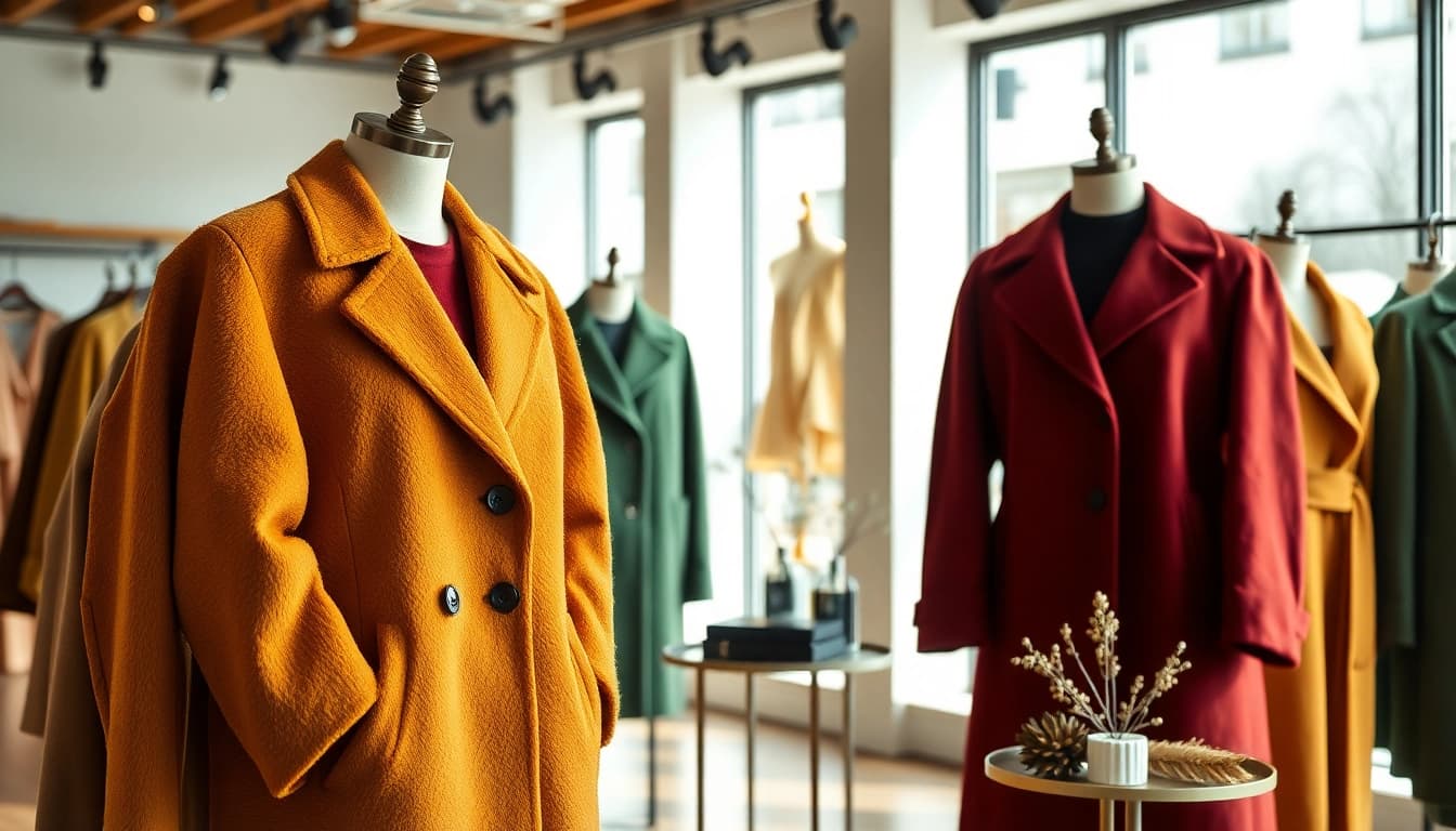 Stylish ladies coats and jackets on display in a chic boutique environment.