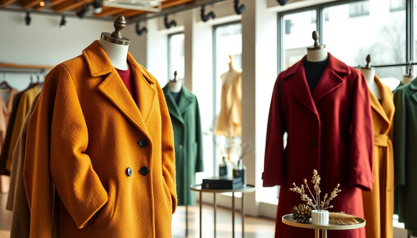 Stylish ladies coats and jackets on display in a chic boutique environment.