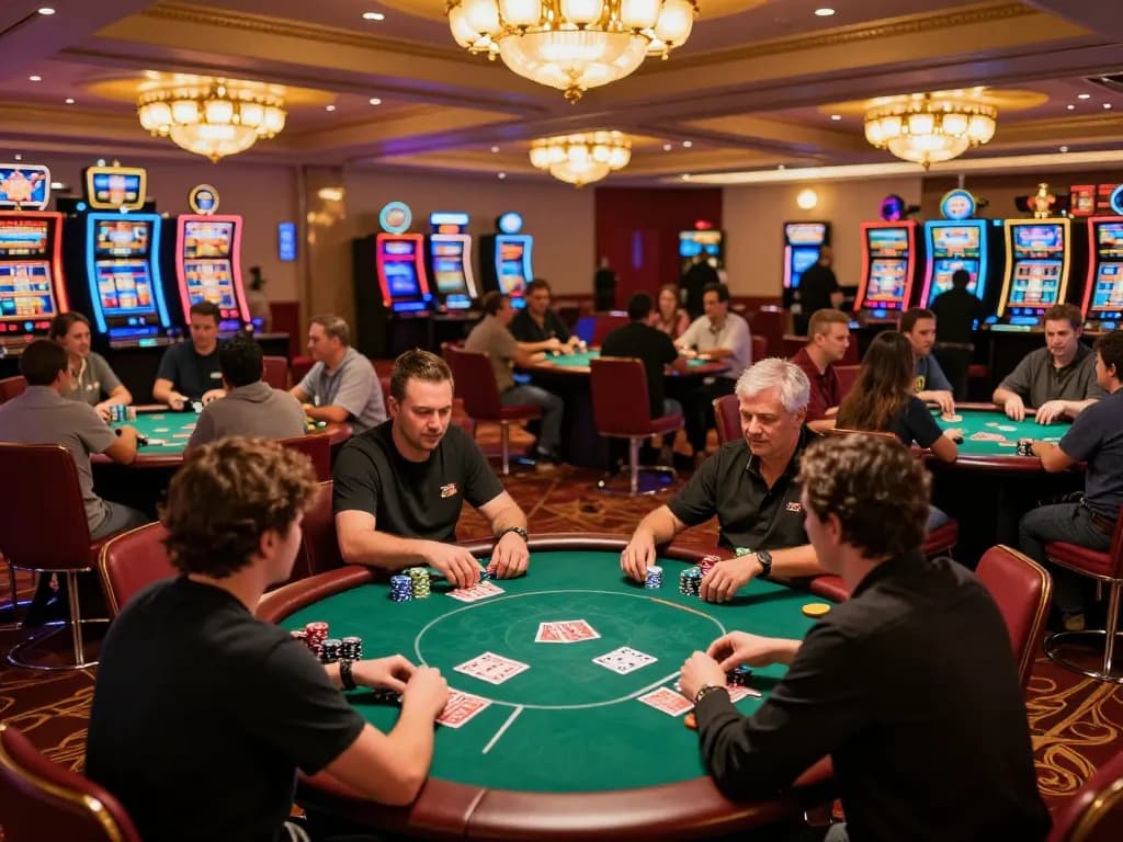 Siti scommesse non AAMS con giocatori vivaci impegnati in un emozionante gioco di poker a un tavolo da casinò.