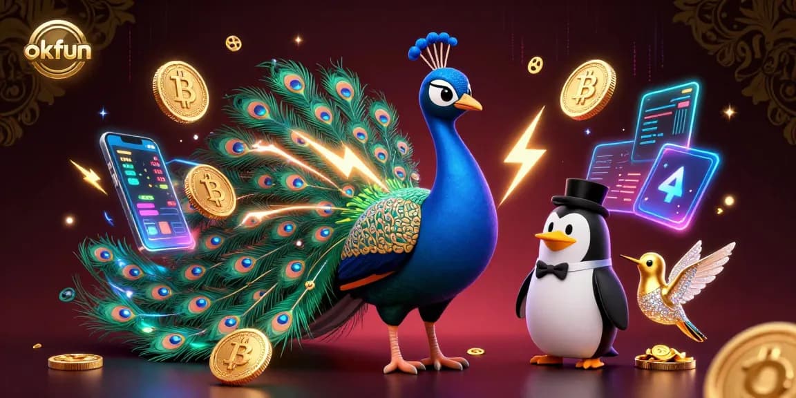 Engage in exciting gaming experiences at okfun with vibrant characters amidst glowing cryptocurrency and casino features.