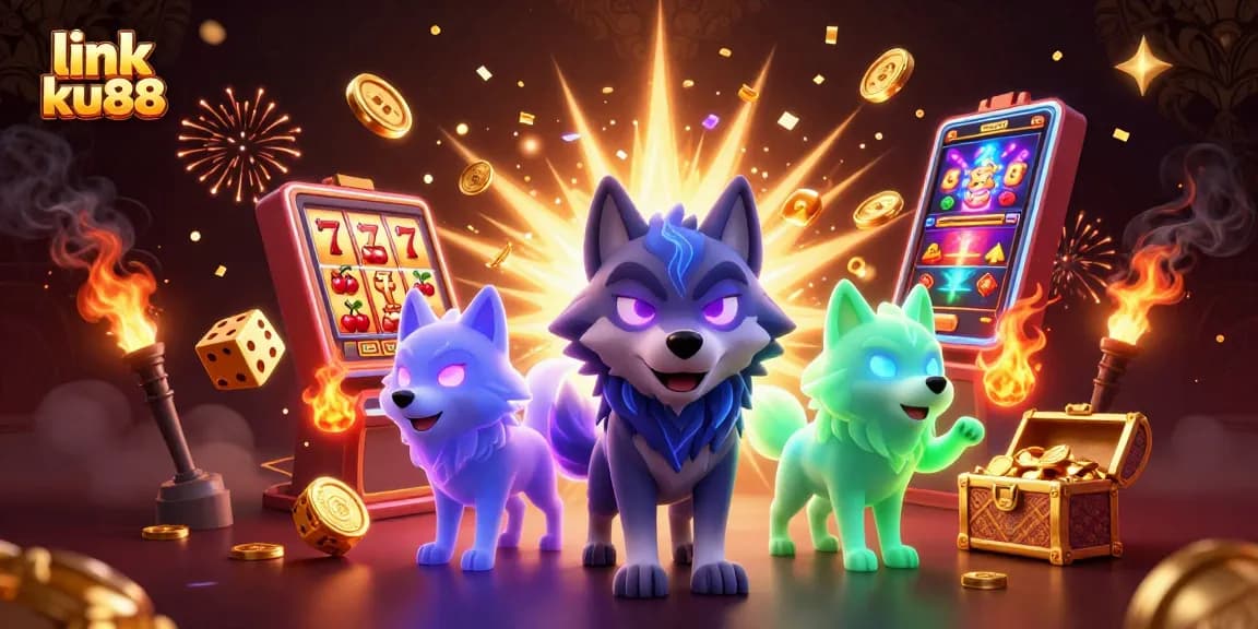 Spin the reels with link ku88's vibrant casino scene featuring dynamic slot elements and ghostly wolves.