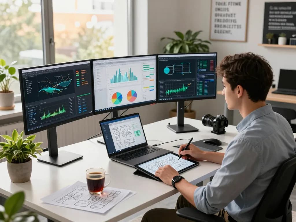 Data scientist analyzing HBET-related datasets in an innovative workspace with advanced tech tools.